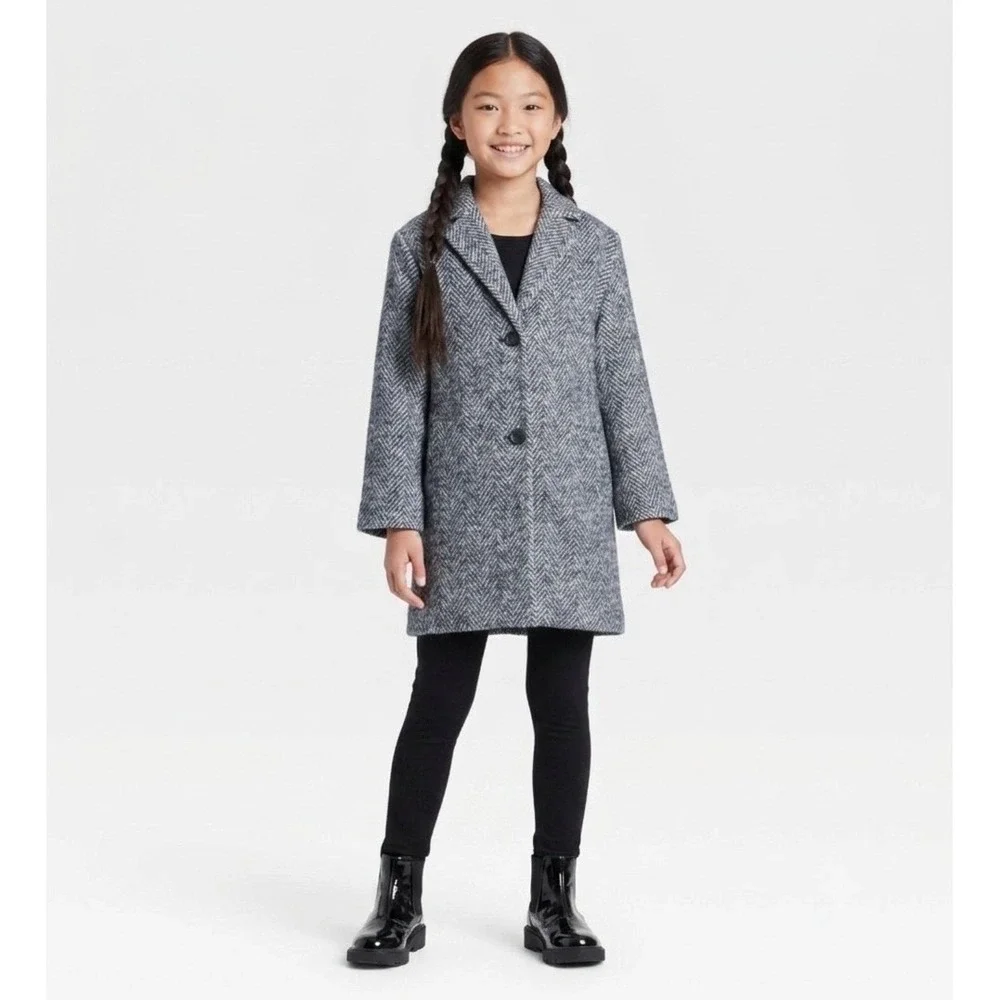 Cat & Jack Kids black/white Herringbone Faux Wool Coat Jacket Med 7-8 Longline
